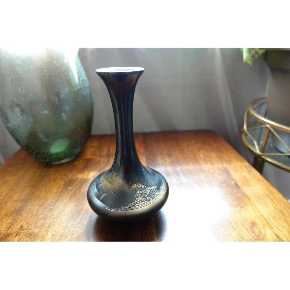 Vintage Japanese Bud Vase Silver Black Mountain Scene Home Decor Display‎